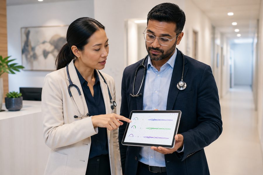 A GP and a vestibular physician discussing eye-movement test results together
